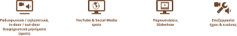 Ραδιοφωνικά / τηλεοπτικά,  in-door / out-door διαφημιστικά μηνύματα (spots) YouTube & Social Media spots Επεξεργασία ήχου & εικόνας Παρουσιάσεις Slideshow
